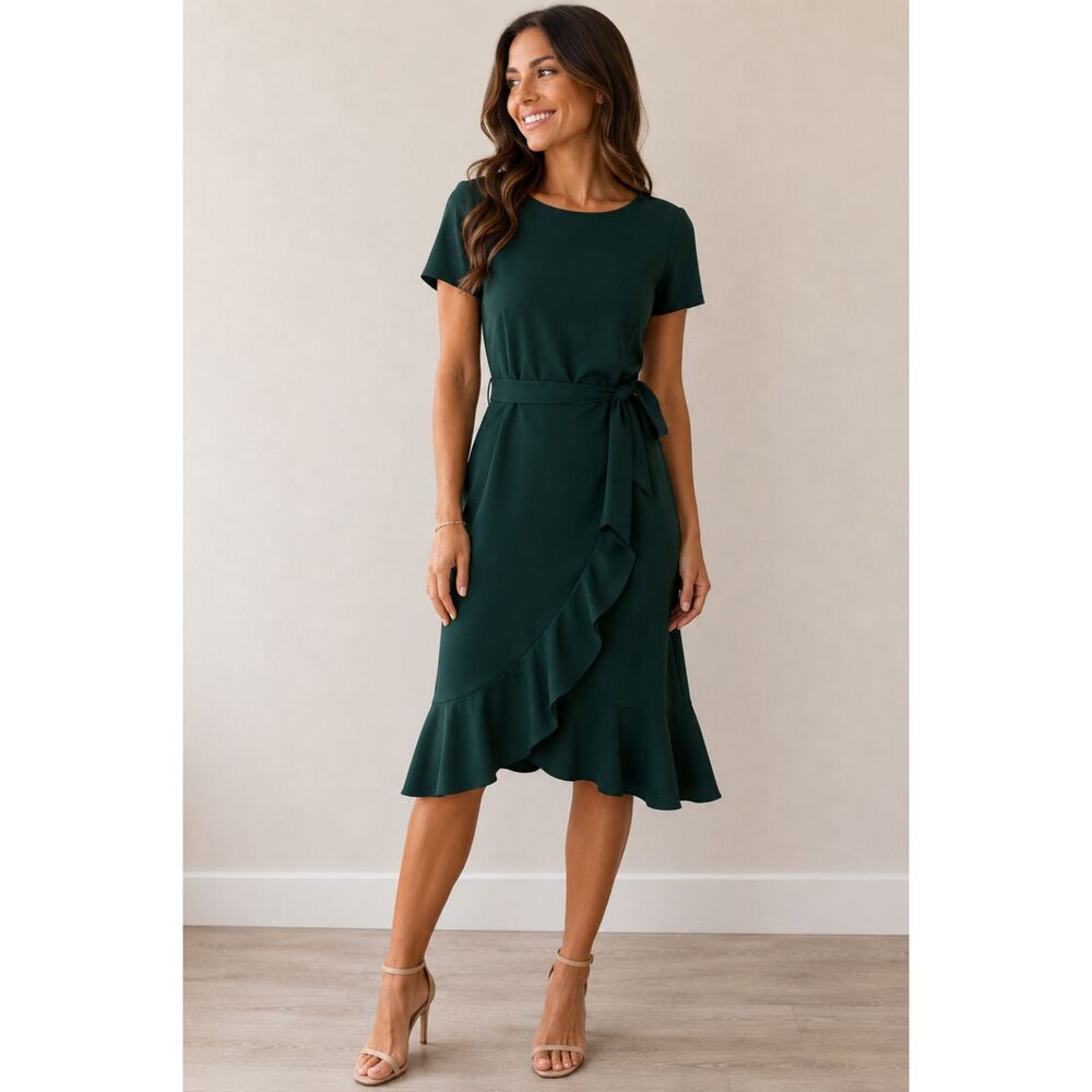 NWT Calvin Klein Ruffle Hem Belted Short Sleeve Green Faux Wrap Dress Women's 4